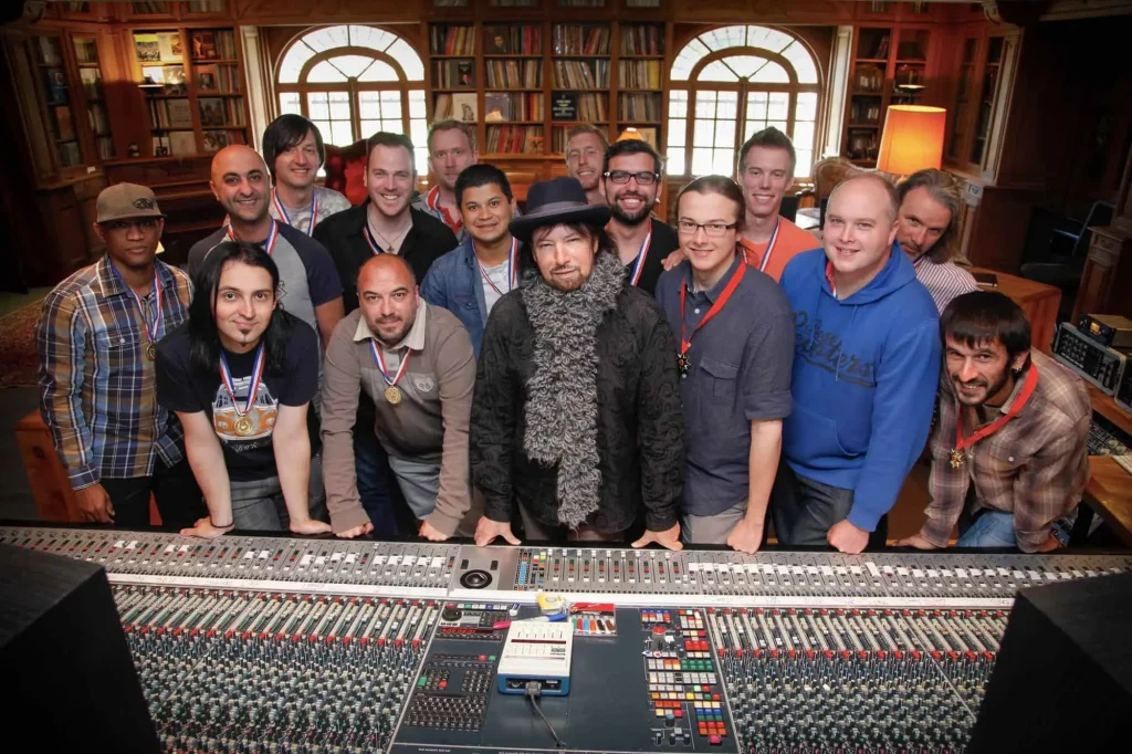 Mix With The Masters 2014 group photo at the mixing console, including Daniel Jason Booth